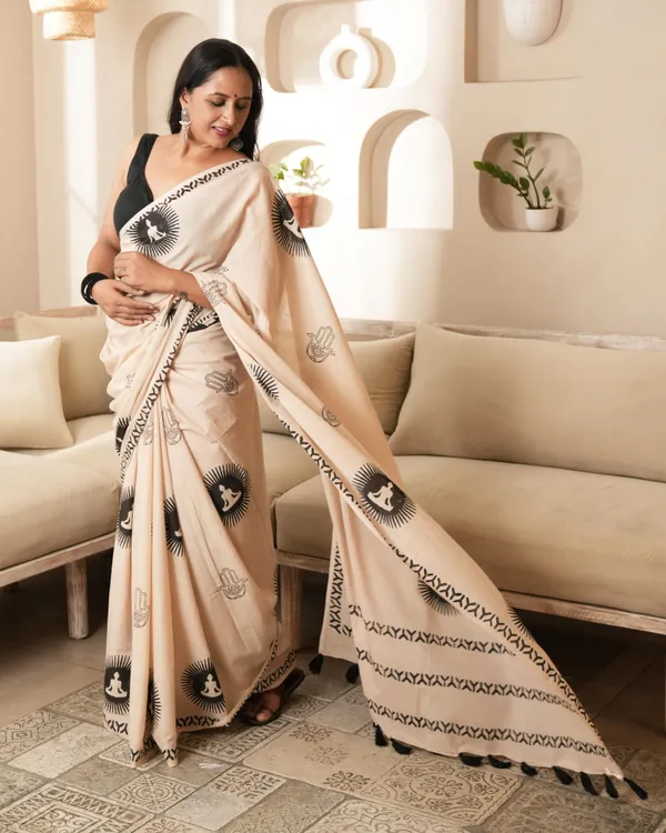 Beige_Cotton_Spiritual_Chakra_Block_Print_Mul_Saree_With_Tassels_For_Women